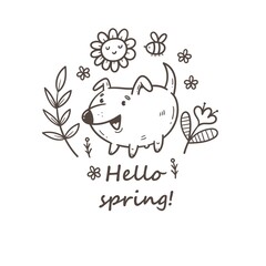 Card with cute cartoon puppy and plants. Doodle floral poster. Spring vector print with dog.