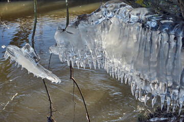 Eisfläche in der Aue, Überschwemmung, Wetterau, Hessen, Deutschland