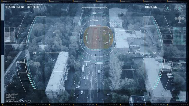 Watching Cars Driving Through the City Center with Live Drone Video Feed. Identifying the Vehicles. Zooming into the Image. Black and White Interface. Advanced Software. Spying Technology. Animation