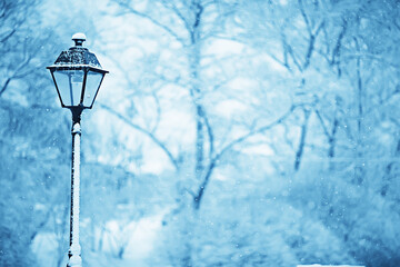 lantern in a winter park in the afternoon, a view in December in the city