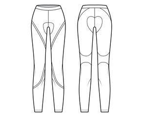 Cycling pants Leggings technical fashion illustration with low waist, rise, full length. Flat sport training, casual bottom knit apparel template front, back, white color. Women men unisex CAD mockup