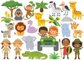 Safaritiere und Kinder. Clipart-Set mit wilden Tieren und Menschen in der afrikanischen Savanne.
