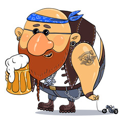 Vector cartoon. Bright print illustration-parody. A cheerful funny biker on vacation with a glass of beer is driving his motorbike on a string. Isolated object.