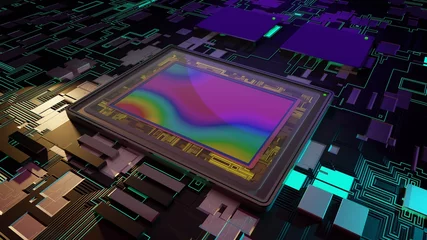 Fotobehang Sensor for digital camera, 3D rendering macro on motherboard with to processors © atdigit
