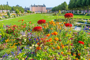 Schwetzingen palace in Germany viewed from a blossoming garden