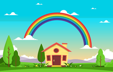Obraz na płótnie Canvas Little House with Rainbow Summer Nature Landscape Illustration