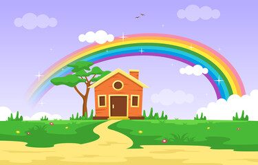 Naklejka premium Little House with Rainbow Summer Nature Landscape Illustration
