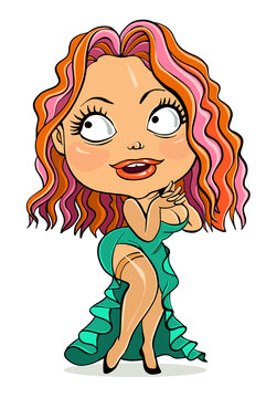 Vector cartoon. Bright colorful illustration - a parody. Funny beautiful sexy redhead girl in an evening dress. Isolated object