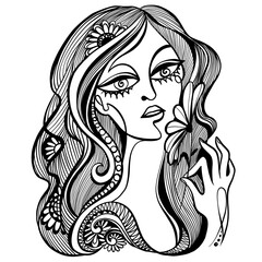 Vector black and white illustration. Graphic abstract portrait of a woman with a flower in her hand.