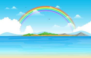 Rainbow above Lake Sea Nature Landscape Scenery Illustration