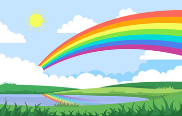 Obraz na płótnie Canvas Rainbow above Pond Lake Nature Landscape Scenery Illustration