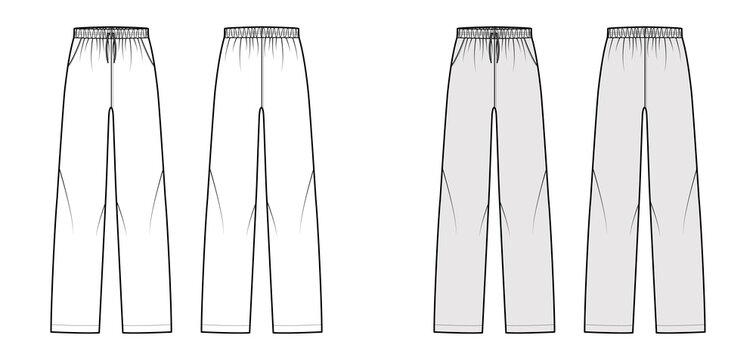Pajama pants technical fashion illustration with elastic low waist, rise, full length, drawstrings, pockets. Flat trousers apparel template front, back, white grey color. Women men unisex CAD mockup