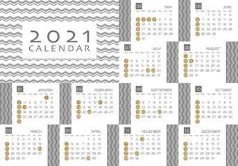 ※祝日改正版　2021年　モノトーンとゴールドのオシャレなカレンダー