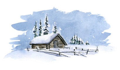 Watercolor cute winter sketch with country house