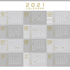 ※祝日改正版　2021年　モノトーンとゴールドのオシャレなカレンダー
