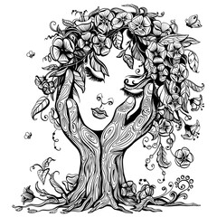 Vector illustration of philosophy, symbol of life, female psychology. A woman's face in the form of a blossoming tree in an embrace of hands. The concept of mental health, psychoanalysis and psychothe