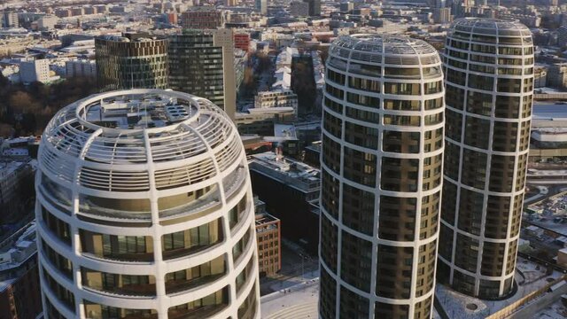 Aerial drone shot of Zaha Hadid high rise buildings in Bratislava city on sunny winter morning