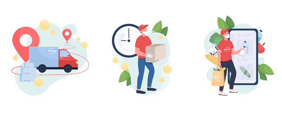 Package delivery flat concept vector illustration set. Mail facility providing courier to your doorstep 2D cartoon characters for web design. Covid safe letter delivery creative idea