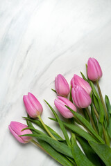 Pink tulips flower background. top view copy space. Springtime concept greeting card valentine's day birthday March 8 mother's day