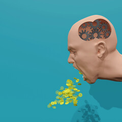3d illustration of head emitting golden gears