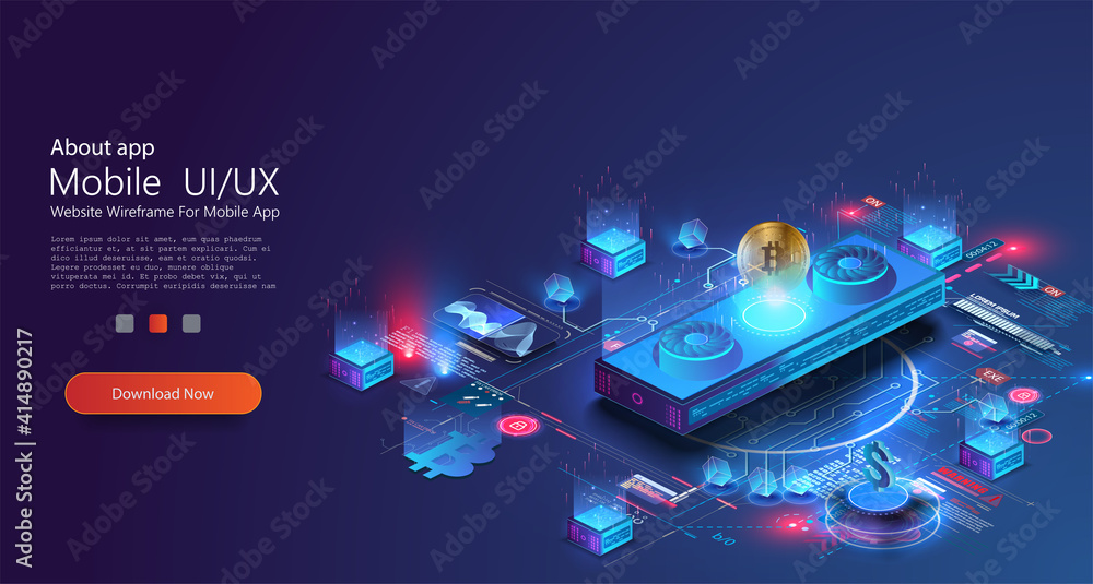 Poster isometric cryptomining farm concept banner. modern concept of digital crypto mining technology. cryp