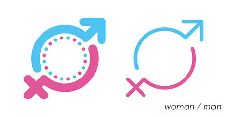 New men and women sign in round post field. The middle part of the male and female sign can be used as a writing area. Icon-logo set in blue and pink colors.
