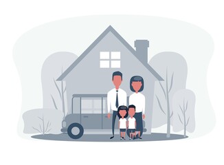 Family with Car and House. Cartoon Vector Illustration