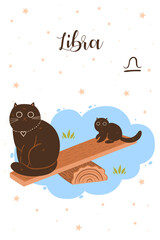 Cats Libra in cartoon style. Postcard with zodiac sign. Vector graphics.