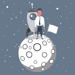 Successful businessman gets the moon holding a flag. Vector illustration
