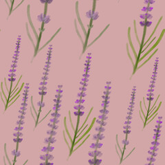 Fototapeta na wymiar Watercolor lavender seamless pattern on pink background. print, linen, bedding, packaging, wallpaper, textile, kitchen, utensil design