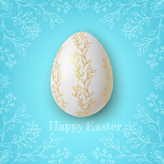 Realistic Gold and white easter eggs with flower ornaments on blue background. Vector
