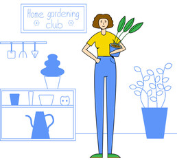 Woman botanist vector illustration. Girl staying with a potted plant in her hand. Botanic job, plant investigation concept.