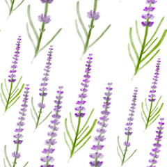 Watercolor lavender seamless pattern on white background. print, linen, bedding, packaging, wallpaper, textile, kitchen, utensil design