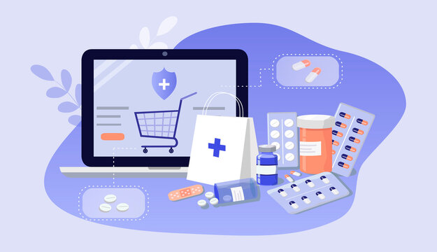vector hand drawn illustration - laptop, tablets, pills, medicine jars, blisters with tablets. picture on the theme of online pharmacy , flat illustration banner for websites, magazines and apps