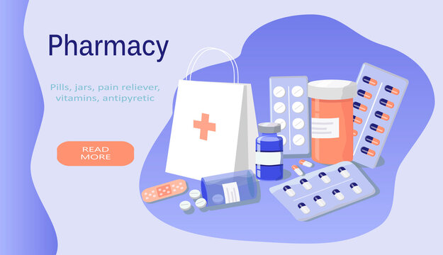 vector hand drawn illustration - tablets, pills, medicine jars, blisters with tablets. picture on the theme of pharmacology and medicine. flat illustration for websites, magazines and apps