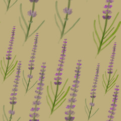 Fototapeta na wymiar Watercolor lavender seamless pattern on beige background. print, linen, bedding, packaging, wallpaper, textile, kitchen, utensil design