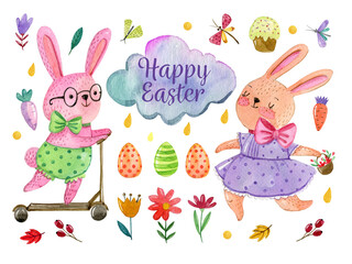 Fototapeta premium Set of a watercolor collection of Easter illustrations and elements on a white background.Hand drawing easter rabbits, eggs, leaves and branches, muffins, flowers, carrots, butterflies.