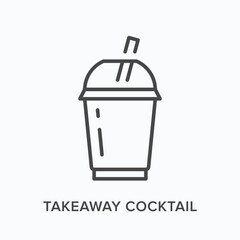 Takeaway flat line icon. Vector outline illustration of paper cup and tube. Black thin linear pictogram for smoothie