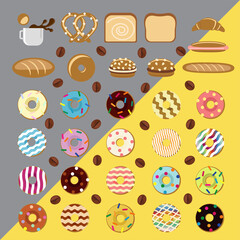 Vector illustration. Cartoon bakery products. Each element is on a separate layer. Use for interior design of cafes, advertising of bakeries and coffee houses.