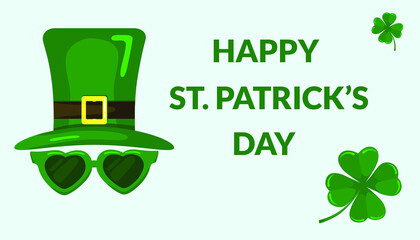 Happy St. Patrick's Day. Vector Illustration concept. Leprechaun hat and sunglasses. Clover leafes.