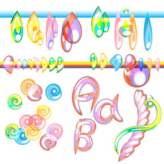 Drops of liquid, rain. Juice, water, alcohol. Colorful, bright drops. Brushes for writing, creating the alphabet, ornaments, and drawing. Soap bubbles. For children, food, postcards.A positive summer.