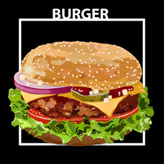 Vector hamburger. Fast food. Fresh, tasty, isolated, any background. Use for postcards, signs, flyers. Advertising.