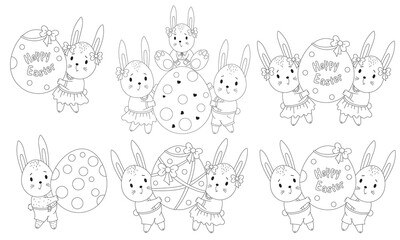 Set of Easter sketches with cute Easter bunnies and a large Easter egg. Animal family - a girl, a boy and a baby. Vector illustration. line, outline. decorative drawings for design Happy Easter