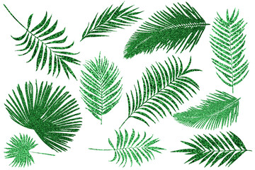Fototapeta na wymiar Tropic leaves with glitter texture. Universal silhouettes set on white background