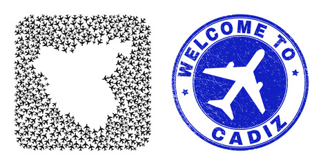 Vector collage Cadiz Province map of air shipping elements and grunge Welcome seal stamp. Collage geographic Cadiz Province map designed as hole from rounded square with air tourism.