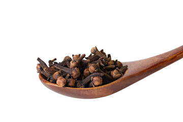 seasoning cloves in wooden spoon isolated on white background