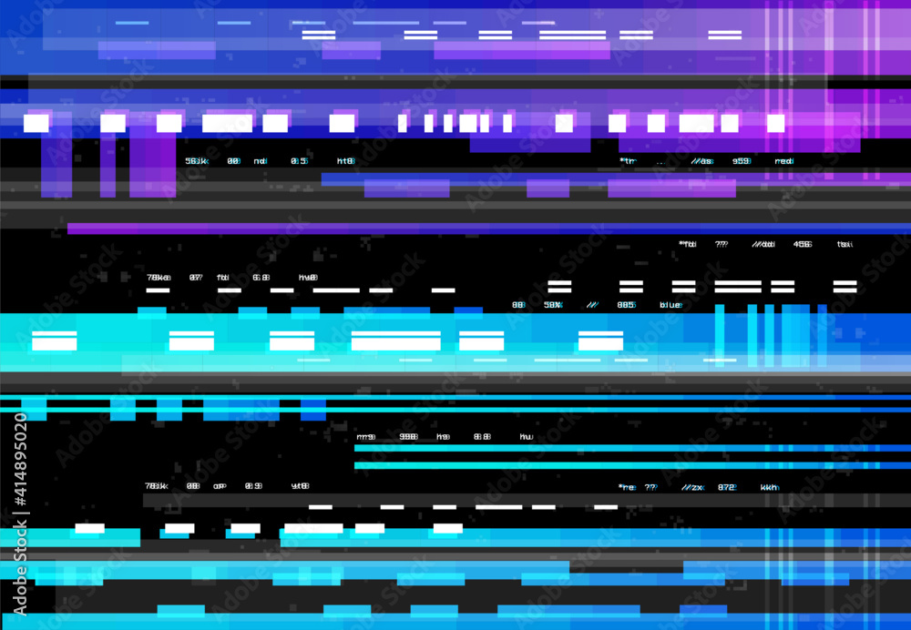 Aufkleber Abstract background with glitch effect, vector glitched distortion colored horizontal stripes, numbers and random pixels on black screen. Television distorted glitch video effect, no signal TV frame