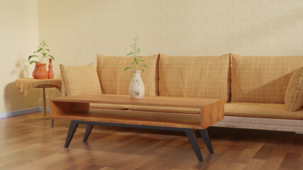 modern living room with sofa, table, vas, and wood floor