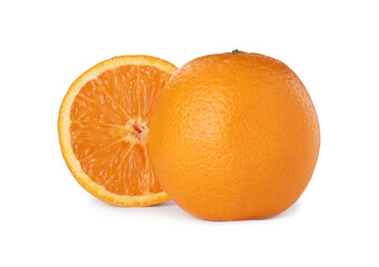 Cut and whole ripe oranges on white background