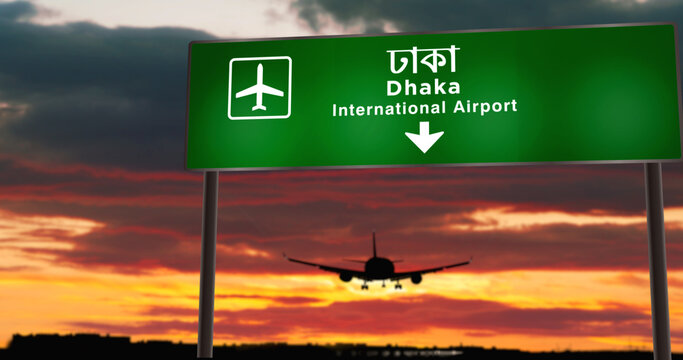 Plane Landing In Dhaka Bangladesh Airport With Signboard